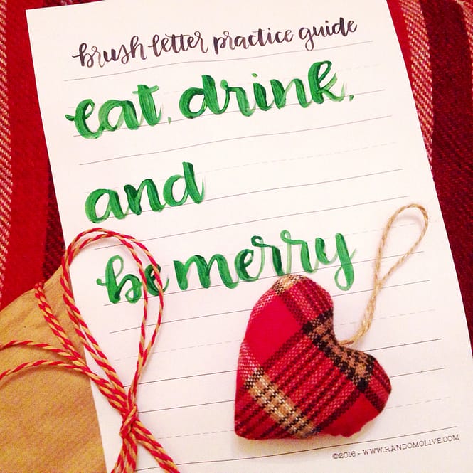 Completed eat, drink, and be merry brush letter artwork practice guide yellow feather blog
