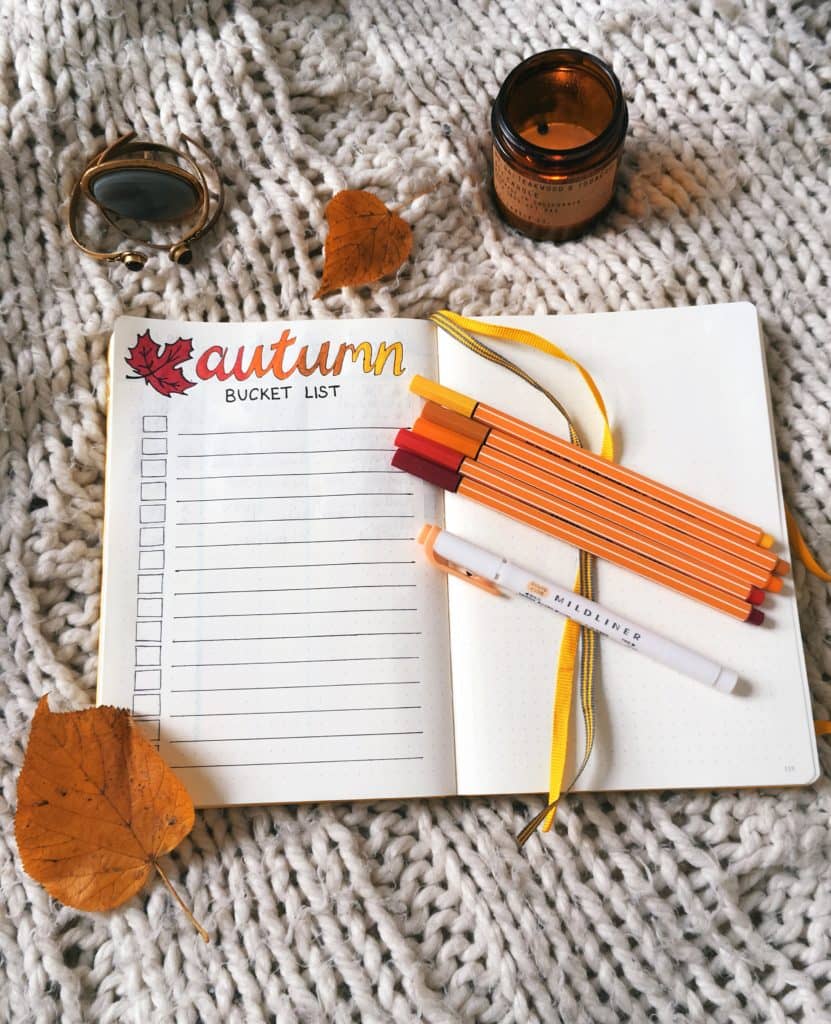 Autumn bucket list bullet journal spread flatlay yellow feather blog 9